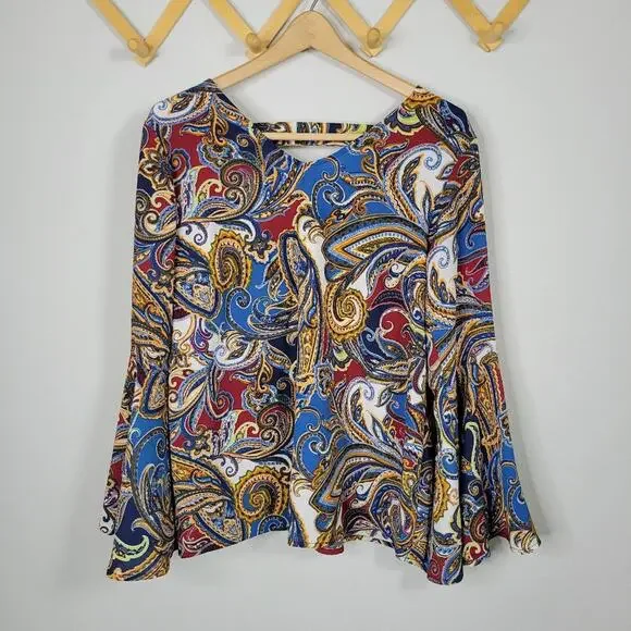 Valerie Stevens Bell Sleeve Paisley Top Medium - Picture 3 of 9